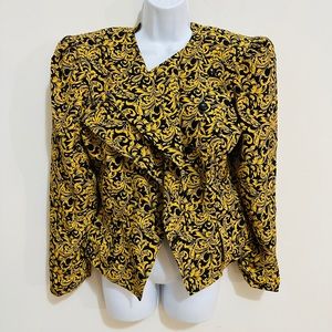 Vintage Gold & Black Peplum Asymmetrical Closure Silk Blazer Jacket Size 12